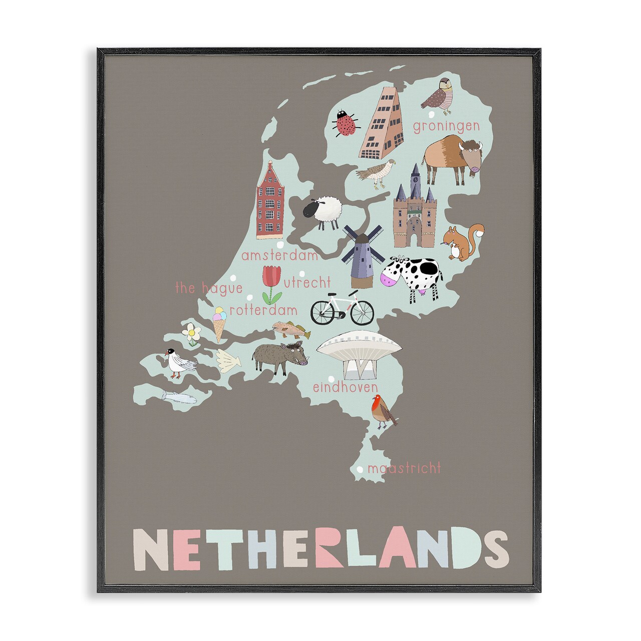 Stupell Industries Kid's Map of Netherlands Framed Giclee, design by Carla Daly